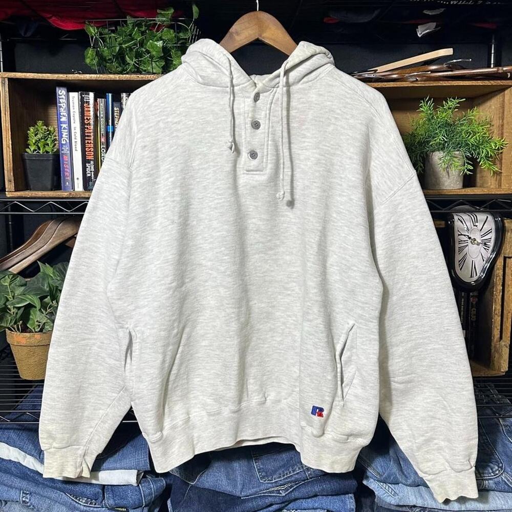Vintage 90s Russell Athletic Henley Button Fleece Pullover Hoodie Grey Mens XL